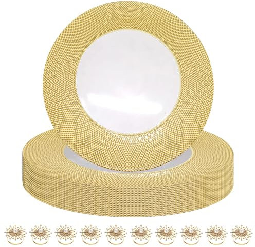 12-Pieces Elegant Gold Charger Plates Checkered Design Set of 12 with Pearl Napkin Rings – 33cm Glass Dinner Plate Chargers for Weddings, Parties, and Special Events Table Décor