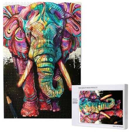 1000 Teile Holzpuzzle für Erwachsene & Familien - Bunter Elefant - Puzzle-Kunstwerk für Spieleabende, Heimdekoration, Stressabbau & Gehirntraining