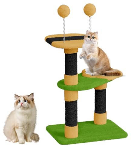 Dogat kitten Tree Tower, Cat Climbing Frame with 2 Toy Ball Bee Design, Sisal Scratching Post for Indoor Cats, Furniture for Small Cats (Black + Deep Yellow, 31in)