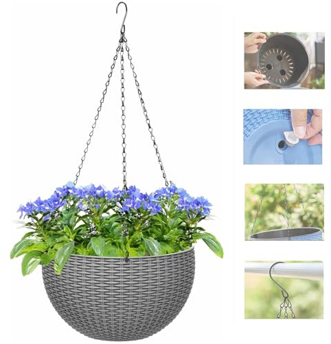 Vtizikl Garden Hanging Baskets, Self Watering Hanging Plant Pots, Large Hanging Baskets Outdoor with Detachable Hanging Chain, Bottom plug, Inner Basin for Home Decor, Gardening (Silver)