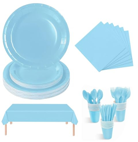 Chingcoo Juego de 169 vajilla de fiesta multicolor, platos de papel para 24 personas, vasos de papel multicolor y platos de papel con cubiertos, servilletas y mantel. Vajilla de cartón perfecta para