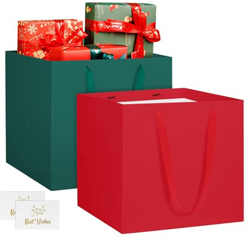 NAHRMY 2 Stück Große Geschenktüte Papiertüten Rot 25 x 25 x 25 cm, Grün Quadratische Geschenktüten Geschenk Tüten aus Papier für Abschlussfeier Geburtstag Hochzeit Weihnachten Party