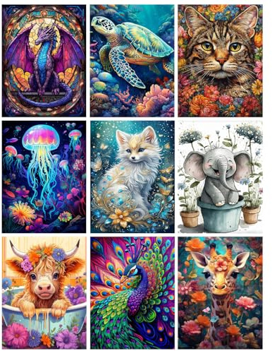 9-Pack Animal Diamond Painting Kits für Erwachsene, 5D DIY Tier Giraffe Kuh Schildkröten Diamond Art Kits für Anfänger Runde volle Bohrer Paint by Diamonds für Home Wall Decor Geschenk12X16Inch