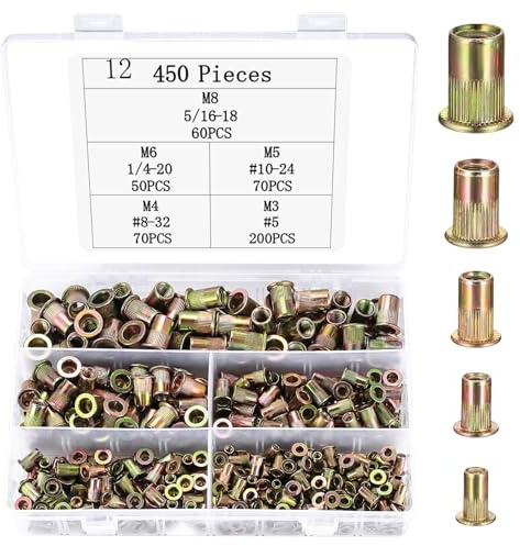 Juego de 450 tuercas de remache de cabeza plana, surtido de tuercas de remache M3, M4, M5, M6, M8, tuercas roscadas, tuercas roscadas para remaches, placas de metal, tubos, etc
