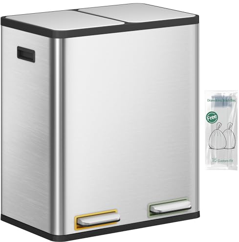 Hzuaneri Cubo de Basura Reciclaje 2 Compartimentos, Cubo de Basura Cocina, Metal 60L(2 x 30L), con Pedal, Acero Inoxidable, 15 bolsas de basura, Plateado SW23099E
