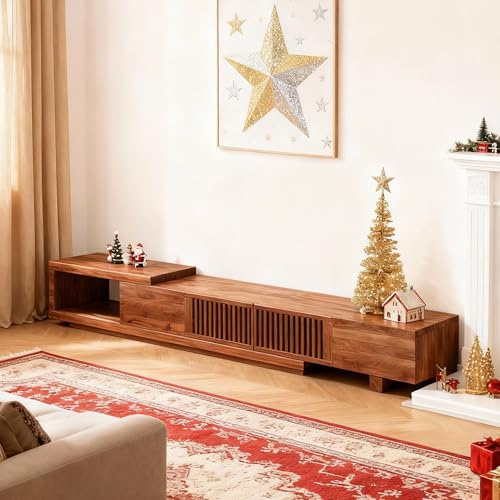 LineCrispton Extendable TV Stand for Living Room - Wooden TV Unit Cabinet with Storage for 65 Inch Television & Up, Mid-Century Modern Media Console with Drawers(Walnut, Length 200-262cm)