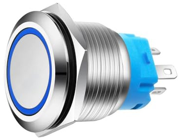 AQBOATS 24.8mm Interruttore OFF/ON a Pulsante in Acciaio Marino Inossidabile SS316 con Chiusura Impermeabile con cavo di collegamento IP67 incluso - 20A 9-12V a LED di colore Blu (Blu)