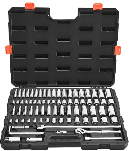 VEVOR Juego de Vasos de 9,5 mm, SAE y Métricos, con Carraca Profunda y Poco Profunda, con Accesorios y Estuche, Acero de Aleación CR-V, para Reparación de Automóviles, 535 x 410 x 89 mm, 76 uds