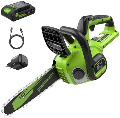 Greenworks 24V Sierra de Cadena Inalámbrica Brushless, Sierra Eléctrica 25cm con Batería 2Ah y Cargador USB C 30W, Aceitero Automático, Velocidad de Cadena 7.8m/s
