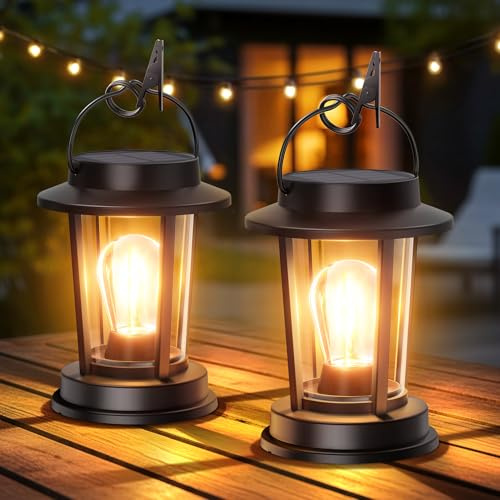 TuyLuxe Solar Laternen für Draußen, Solarlampen für Außen Hängend/Stehend | Wolfram-Lichter Gartendeko Warmweiß, IP65 Wasserdicht Retro Solarleuchten für Außen Garten mit Clips Schwarz 2 Stück