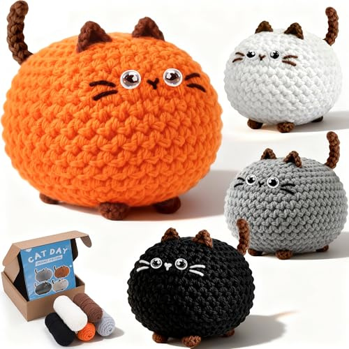 OuryTech Häkelset Für Anfänger, 4 Stück Crochet Set Amigurumi Katze, Häkelset Stricken Für Anfänger Set Mit Video Anleitung