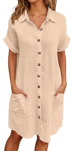 Générique Robe Lin Coton Femme Ete Chic Elegant Tunique Robe Manches Courtes Ample Casuel Couleur Unie Robes avec Boutons Col V Robes De Plage Grandes Tailles Dress pour FêTe Vacances S-4XL