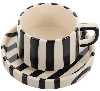 Lurrose Tasse à Café en Céramique Noire 1 Set, Design Rayé Élégant | -tasse Incluse, Facile à Nettoyer, Conçue Latte Art, Usage Bureau et Pause Thé