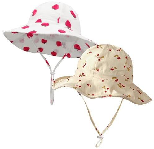 JSTHHTT 2Pcs Sonnenhut Baby, Baby Sonnenhut, Sonnenhut Baby UV Schutz 50, Sommerhut Baby, Sonnenhut Neugeborene, Verstellbarem Bindebändern und Breite Krempe, 6-24months