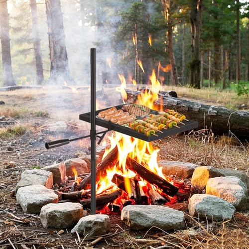 Aptliton Swivel Campfire Grill, Adjustable Height Fire Pit BBQ Grate with Carry Bag, Portable Rotating Camping Grill for Outdoor Campfire Backyard Picnic, Black(42 * 32CM)
