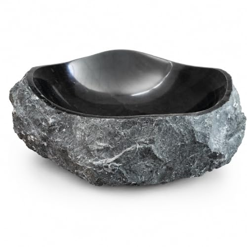 Lavabo da Appoggio in Marmo Nero Antico 42 x 42 x 15 cm, Lavandino Bagno con Interno Levigato ed Esterno Grezzo, Forma Organica in Pietra Naturale