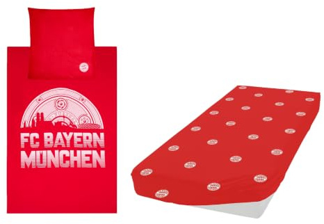 FC Bayern München Bettwäsche Set - Meisterschale - Rot 3-teilig | Kissen- und Deckenbezug + Spannebettlaken FCB