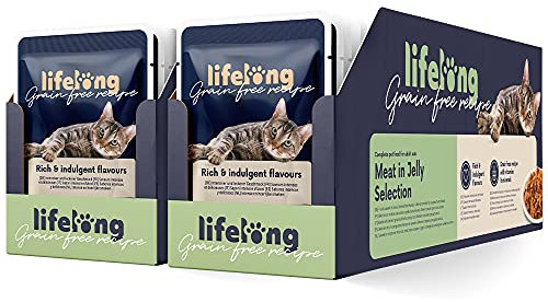 Amazon-Marke: Lifelong Katzenfutter, nass, getreidefreies, für ausgewachsene Katzen Fleischauswahl in Gelee, 4.76 kg, 56 Packungen mit 85g