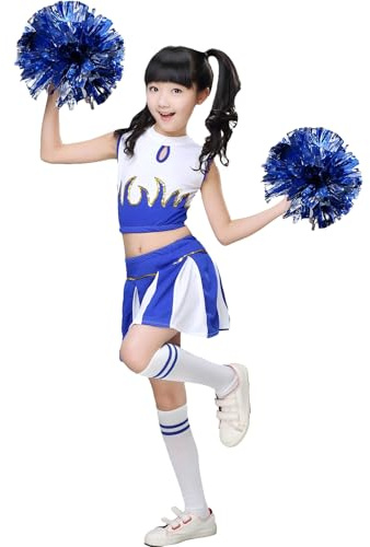 LOLANTA Cheerleader Costume for Big Girls Pleated Skirt Set Cheerleader Outfit with Pom Pom(Blue, 12-14)