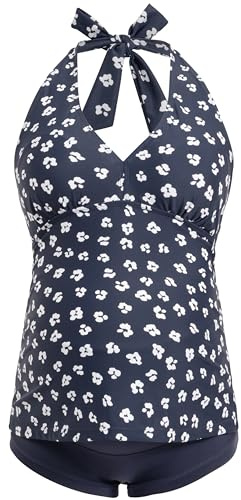 Herzmutter Umstandstankini - Schwangerschafts-Badeanzug - Neckholder - Zweiteiler-Bademode - Überbauchhose-Panty - 7100 2.0 (L, Blau-Blumen)