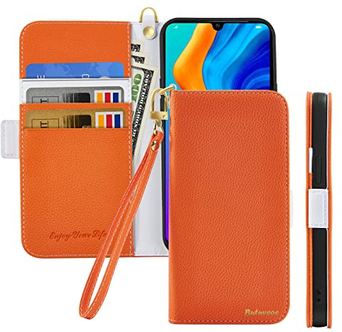 Butnyeoe Handyhülle für Huawei P30 Lite Klappbar Hülle,Litschi Textur Leder Wallet Schutzhülle Tasche Flip Cover Case,Magnetic Closure Klapphülle mit Kartenfach Standfunktion,Orange