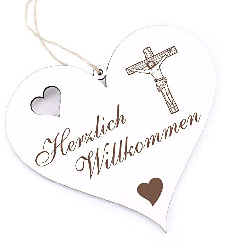 Herzlich Willkommen Schild - Jesus - Deko Herz Holz Willkommensschild Türschild Dekoschild Türdeko
