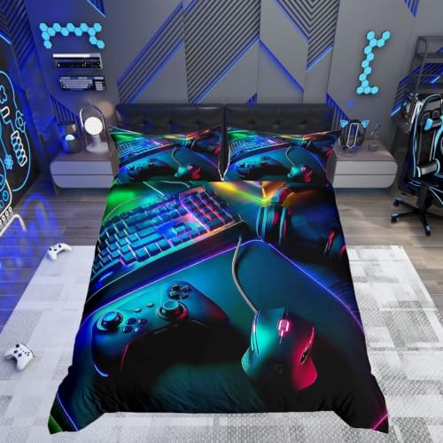 Ensemble de Literie Gaming 140x200,Housse de Couette Casque Souris Clavier Manette de Jeu Motif pour Enfants Filles Garçons,Parure de Lit Sur Le Thème Du Joueur Décoration de Salle de Jeux 2 Pièce