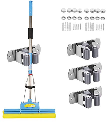 Beilala Mop Broom Holder Heavy Duty Wall Mounted, 4 Pack Stainless Steel Self Adhesive Tools Storage Organizers for Utility Room, Kitchen, Bathroom, Garage, Laundry, Garden and Office