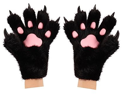 hbbhml Djur Katt Björn Tass Handskar Söt Räv Varg Plysch Klo Fluzzy Vantar Halloween Jul Cosplay Kostym för Män Kvinnor, Svart, One Size