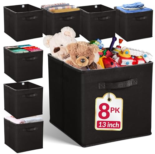 Reli. 13x13x13 Storage Cube Bins (8 Pack) | Large Cube Organizer Bins | 13x13 Fabric Storage Boxes | Fits Kallax | Collapsible, Foldable Fabric Cubby Box (Square) | Kids Room Organization (Black)