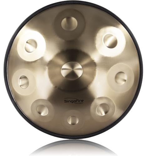 SINGOFIRE Handpan, 18 Zoll, 9 Noten, 440Hz D Moll Kurd, Gold, mit Soft Handpan Bag, 2 Schlägel, Ständer und staubfreiem Tuch