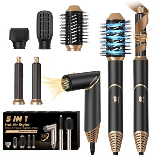 UKLISS 5 in 1 Magic Air Styler Hair Dryer Brush with Air Curlers Volumizier Blow Dryer Brush Multi-use Hair Styler for Hair Curling Straightening Detangling Airbrush Multistyler Women Gifts, Black