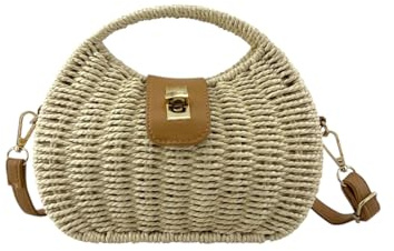 MODELISA - Bolso Pequeño De Rafia Paja Con Asa Superior De Mano Y Hombro Correa Ajustable Mujer (Beige)