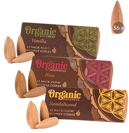 36 x Organic Goodness Rückfluss-Räucherkegel aus natürlichen Zutaten | 3 Sorten, je 12 Kegel, Wasserfall Effekt aus Indien (Vanille, Rose, Sandelholz)