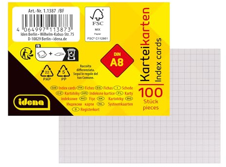 Idena 11387 – indexkort A8, 100 stycken rutiga, lärkort av 180 g/m² FSC-blandat papper i vitt, för skola och kontor