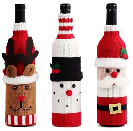 Wjelet 3 Pcs Christmas Wine Bottle Covers, Christmas Sweater Wine Bottle Cover, Festive Knit Sleeve Bags Santa, Snowman & Reindeer Designs, for Festival Dinner Party Table Decorations