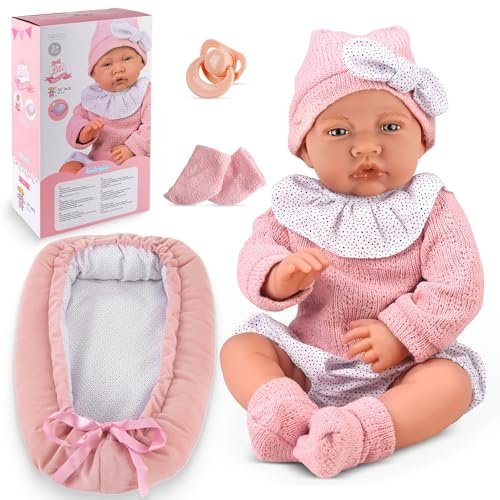 Kinderplay Lili Babypuppe 41 cm mit Weichkörper, Soundeffekten & Schnuller, inkl. wendbarem 43 cm Babynest, Fläschchen & Kleidung – realistische Puppe, Rollenspiel, Geschenk für Mädchen ab 3 Jahren