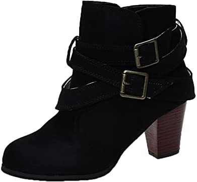 Generisch Botines de moda con tacón de hebilla para mujer, botas elegantes con diseño de cinturón, tacón grueso de bloque zapatos cómodos para estudiantes, botas de invierno de alta moda para mujer