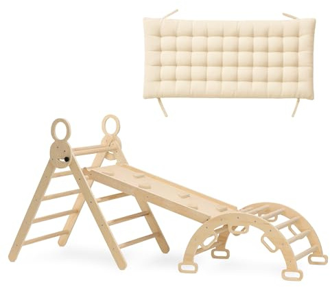 Deryan Triangle pliant de luxe avec arche d'escalade et rampe polyvalente - Cadre d'escalade/toboggan en bois d'intérieur - Avec rembourrage - Aire de jeux en bois Montessori - Apprentissage de la