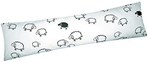 Renforcé Seitenschläferkissen Bezug 40x145cm Schafe Lämmer Weiß (99-2-B) | 100% Baumwolle, Weiß und Schwarz - Überzug, Kissenbezug, Kissenhülle, Reißverschluss auf der langen Seite