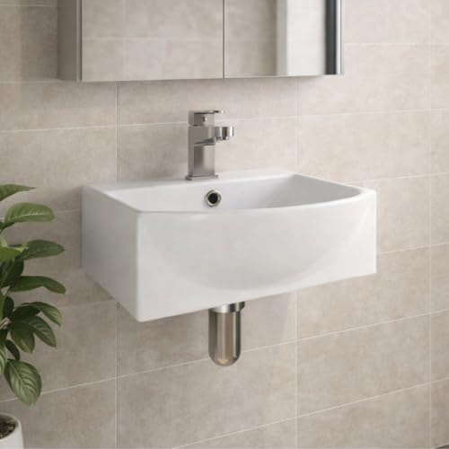 Wall Hung Basin Sink Small Cloakroom Square Curved Ceramic Wash Basin White Bathroom Vanity Sink with One Tap Hole White Gloss 350 x 350mm