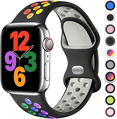Upeak Sport Bracelet Compatible avec Bracelet Apple Watch 44mm 45mm 46mm 42mm 49mm, Sangle à Boucle Double Trou en Silicone Respirant, pour iWatch Series 10 9 8 7 6 5 4 3 2 1 SE Ultra, S, Noir/Colorée