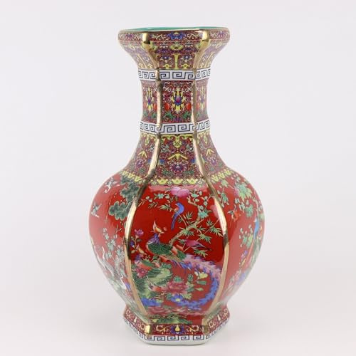 Fine Asianliving Vase Chinois Porcelaine Fleurs Oiseaux Rouge D19xH32cm Chinois Vase avec Couvercle Asiatique Jingdezhen Mandarin Décorative