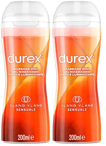 2 x 2-in-1 Massage Durex Sensual mit Ylang Ylang Gel Massage + geruchloses Gleitmittel auf Wasserbasis - 2 Flaschen à 200 ml