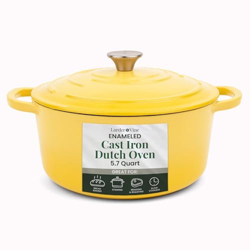 Larder & Vine Enameled Cast Iron 5.7qt Dutch Oven Pot with Lid | Bread Baking | Compatible on All Cooktops & Oven Safe to 500° F | Great for Sourdough Bread | Limoncello