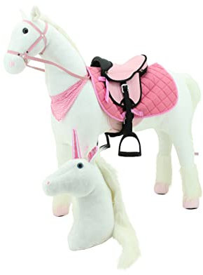 Sweety Toys 13890 plysch ståhäst, stabil, robust XXL med stålunderkonstruktion, hästhöjd 125 cm, ridhäst, vit med rosa sadel med stigbyglar inkl. andra huvud, enhörning