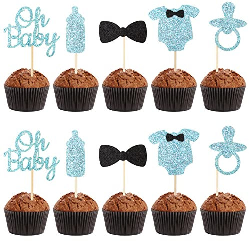 30 Stück Oh Baby Cupcake Topper Tortendeko Babyparty Blau Glitzer Junge Torten Topper Kuchen Dekoration für Baby Shower Gender Reveal Geschlecht verkünden Geburtstag Schwangerschaft (Blau)