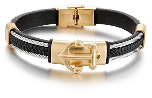 RobertDTesta Pulsera De Cuero con Ancla para Hombre, Pulsera De Acero Inoxidable Trenzada con Ancla Gótica Vintage,Oro,21cm