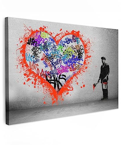 MuchoWow© Wandbilder Groß XXL Wohnzimmer Wanddeko Schlafzimmer Zimmerdeko | 120x80 cm - Fotowand Zimmer Deko Wand Dekoration Banksy Leinwand Bilder - Pop und Street Art - Graffiti Bild - Herz - Mann