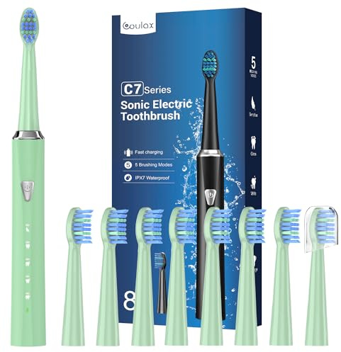 Cepillos de Dientes Electricos Sónico Adultos y Infantil- Cepillo Electrico con 8 Cabezales, 5 Modos, IPX7 Impermeable, Cepillos de Dientes Eléctricos Ultrasónicos, Verde Claro